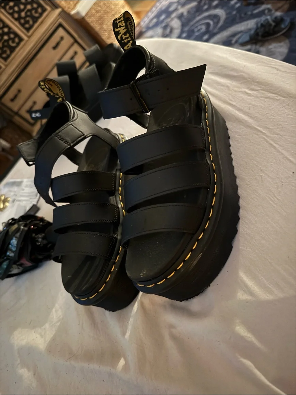 Dr. Martens Black Platform Sandals with Yellow Stitching